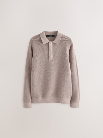 Dsiney Kidz - Natural Long Sleeve Textured Polo Shirt (3-16yrs) image 1