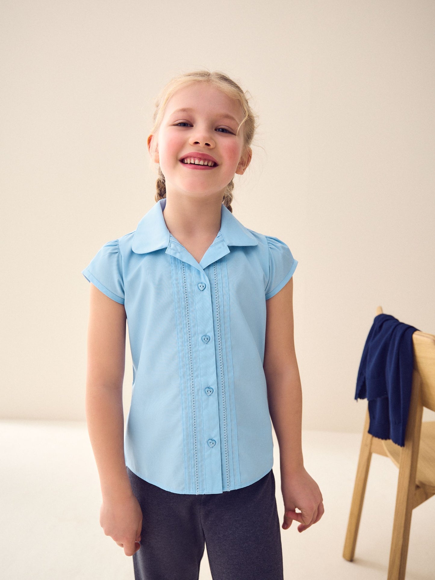 Dsiney Kidz - Blue Regular Fit Girls Puff Sleeve Lace Trim School Blouse (3-14yrs) image 1