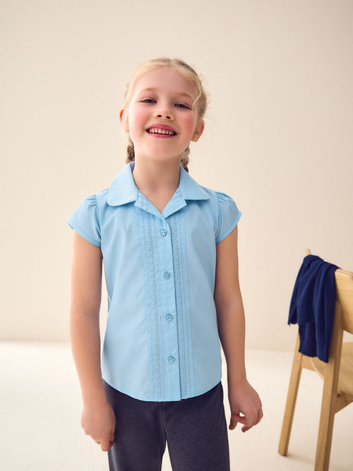 Dsiney Kidz - Blue Regular Fit Girls Puff Sleeve Lace Trim School Blouse (3-14yrs) image 1