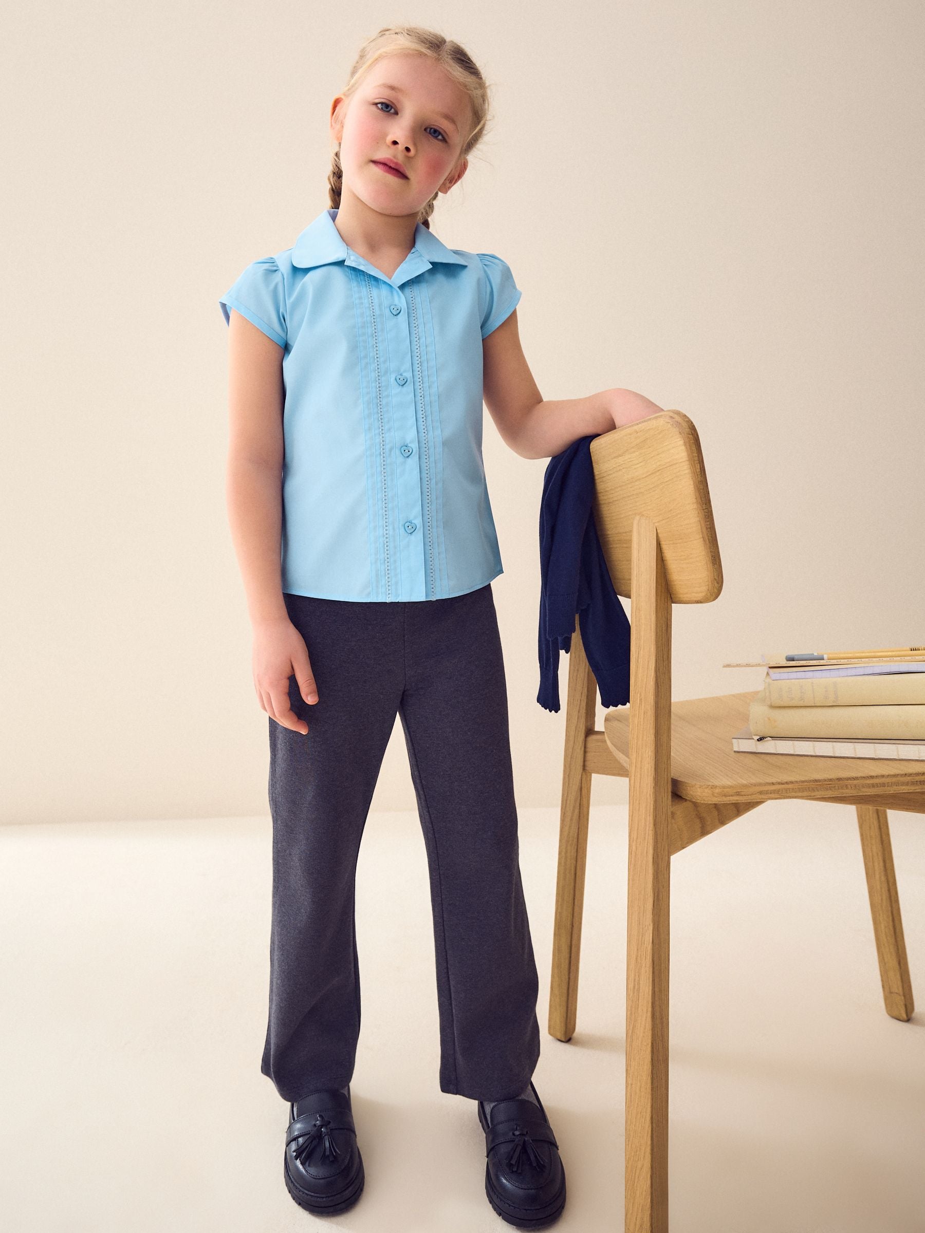 Dsiney Kidz - Blue Regular Fit Girls Puff Sleeve Lace Trim School Blouse (3-14yrs) image 2