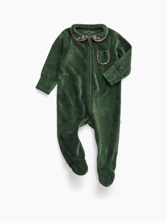 MORI Green Christmas Velour Two Way Zip-Up Sleepsuit - image 1