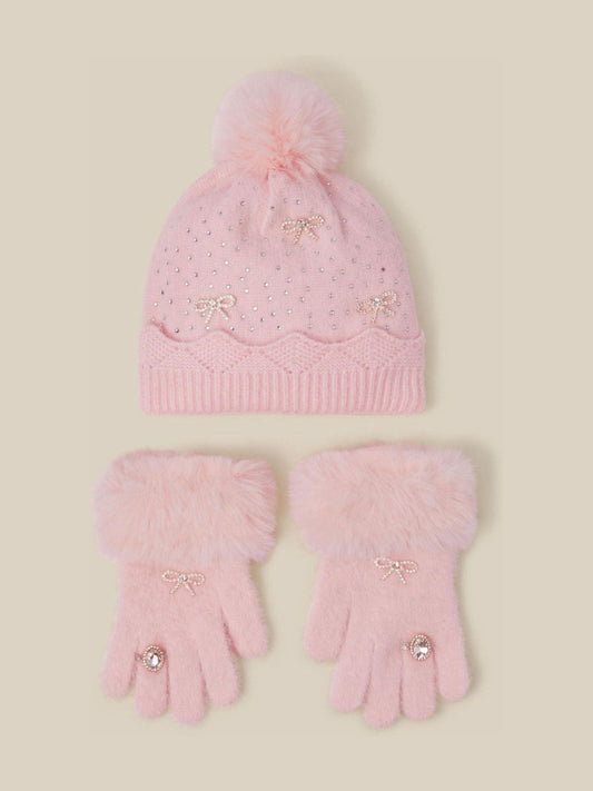 Monsoon Pink Glam Bobble Hat & Gloves Set - image 1