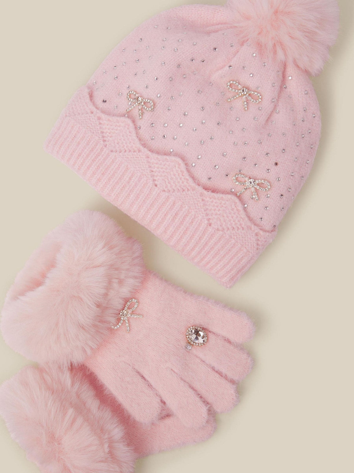 Monsoon Pink Glam Bobble Hat & Gloves Set - image 2