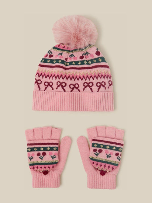 Monsoon Pink Cherry Fair Isle Bobble Hat & Gloves Set - image 1