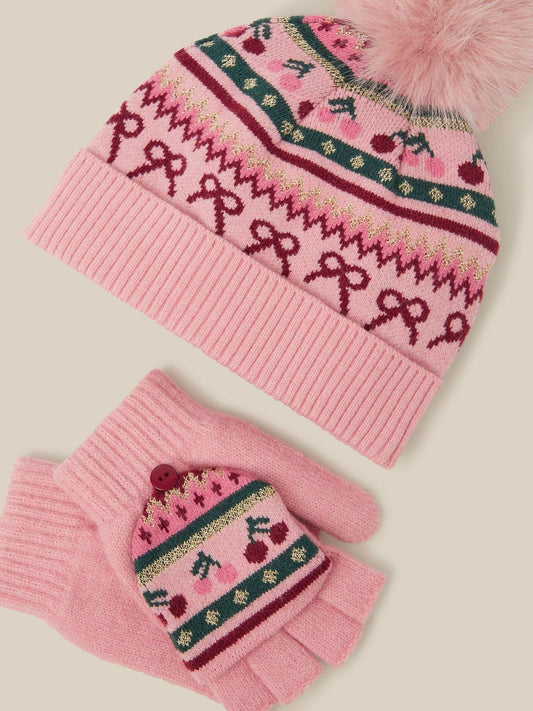 Monsoon Pink Cherry Fair Isle Bobble Hat & Gloves Set - image 2