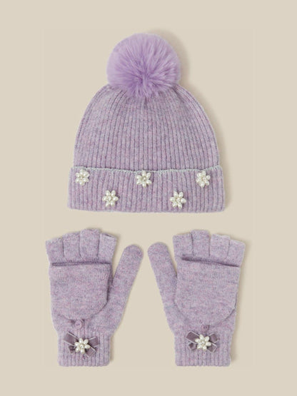 Dsiney Kidz - Monsoon Purple Pearl Flower Bobble Hat & Gloves Set image 1