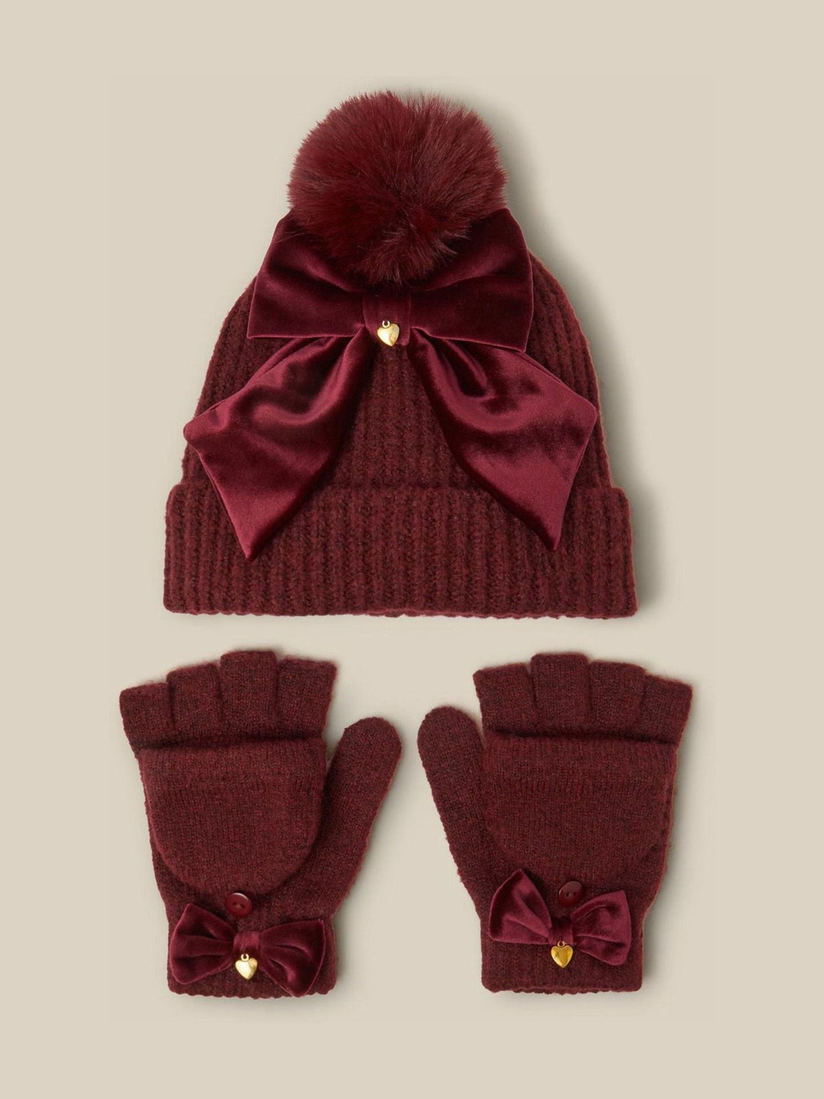 Monsoon Red Velvet Bow Bobble Hat & Gloves Set - image 1
