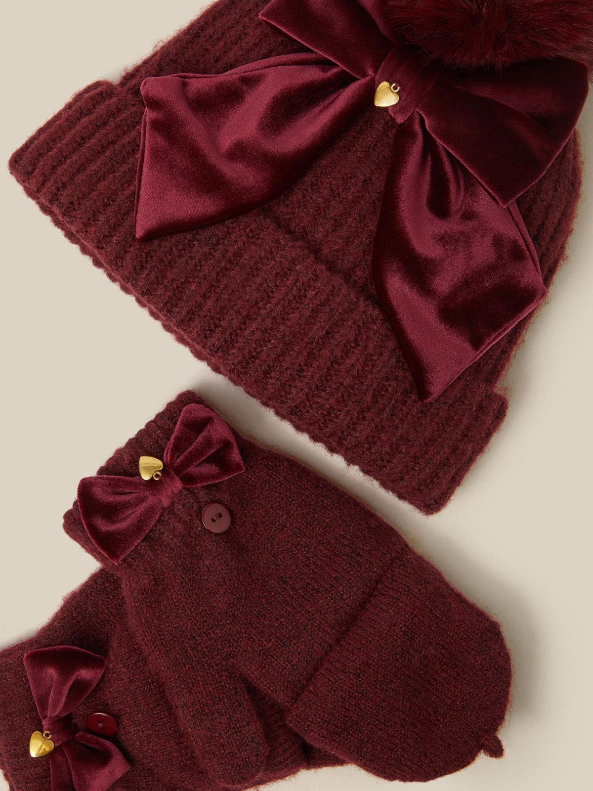 Monsoon Red Velvet Bow Bobble Hat & Gloves Set - image 2