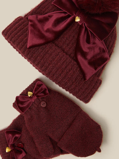Monsoon Red Velvet Bow Bobble Hat & Gloves Set - image 2