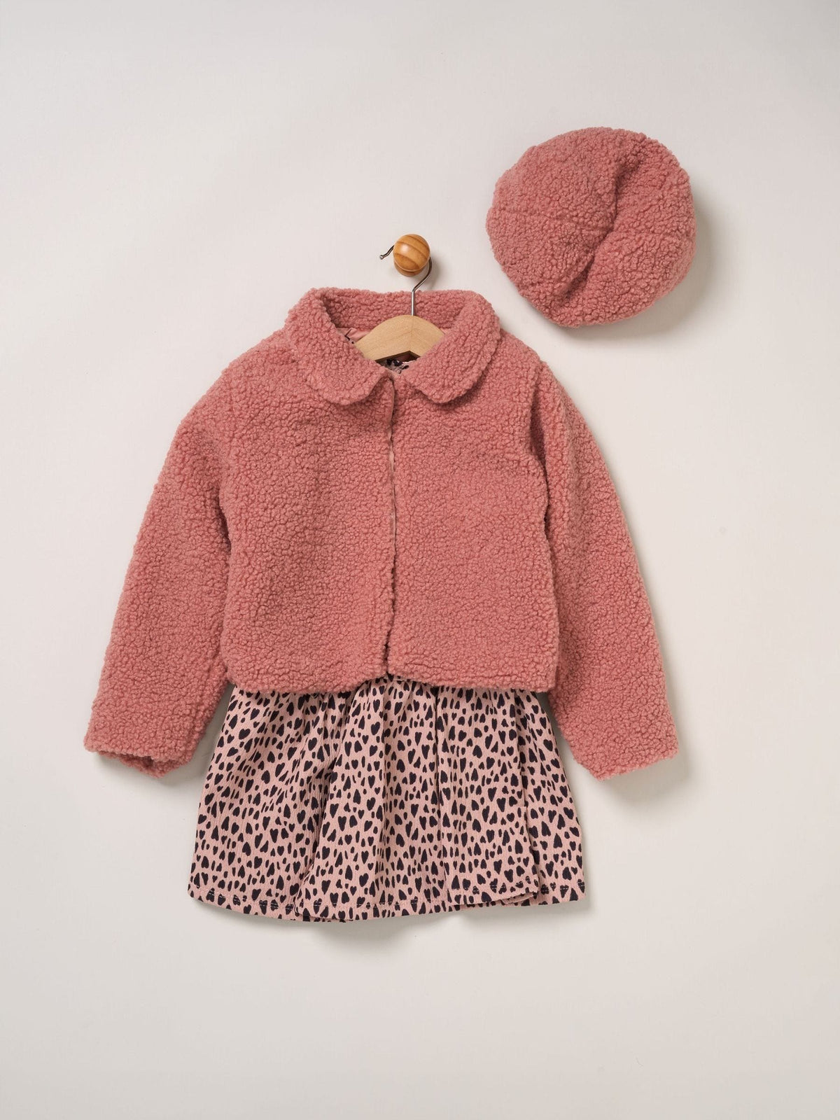 Miss Pink 3 Piece Faux Fur Jacket and Leopard Print Dress Set with Beret - image 1