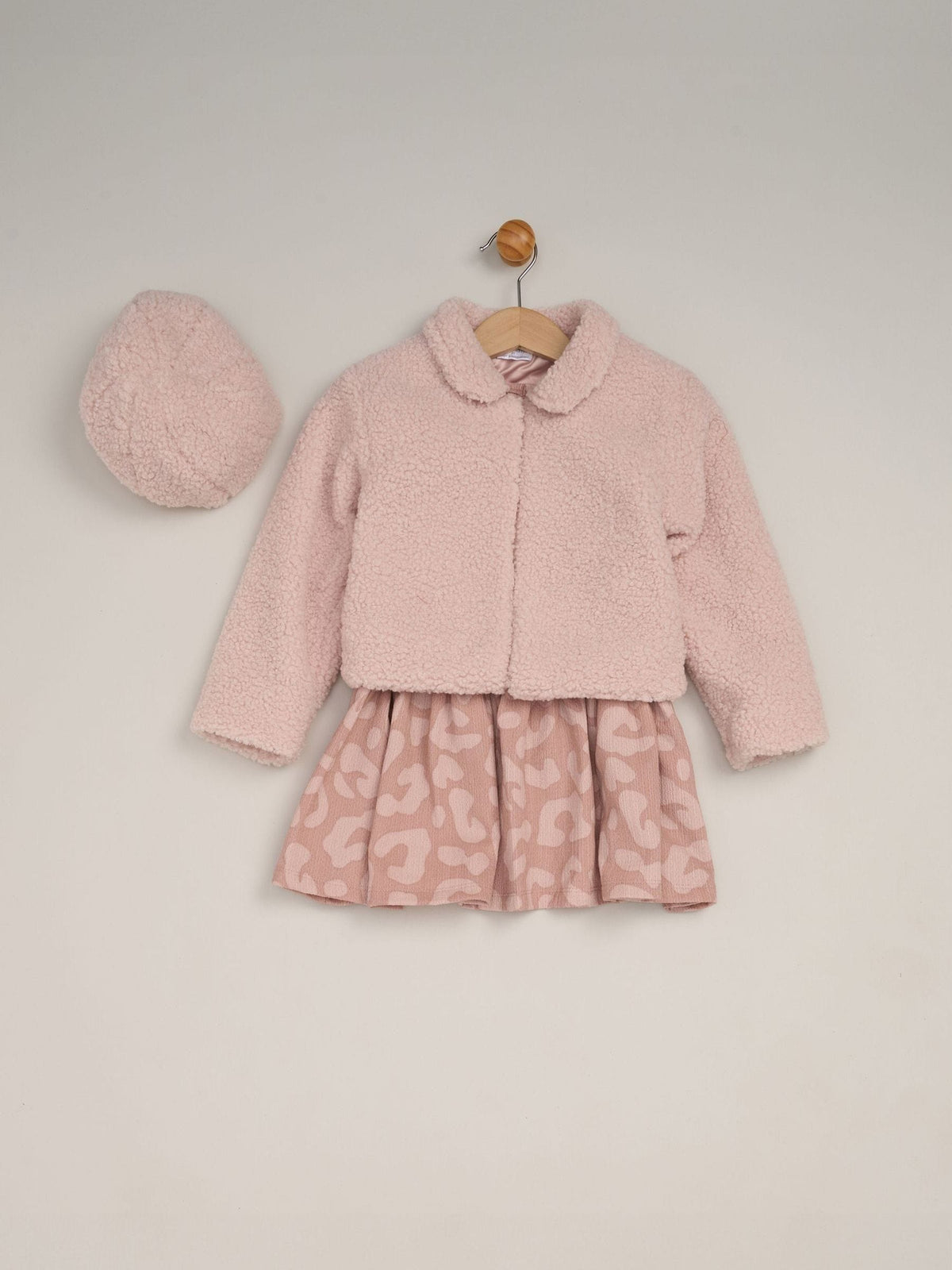 Miss Pink 3 Piece Faux Fur Jacket and Printed Dress Set with Beret - image 1