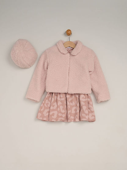 Miss Pink 3 Piece Faux Fur Jacket and Printed Dress Set with Beret - image 1