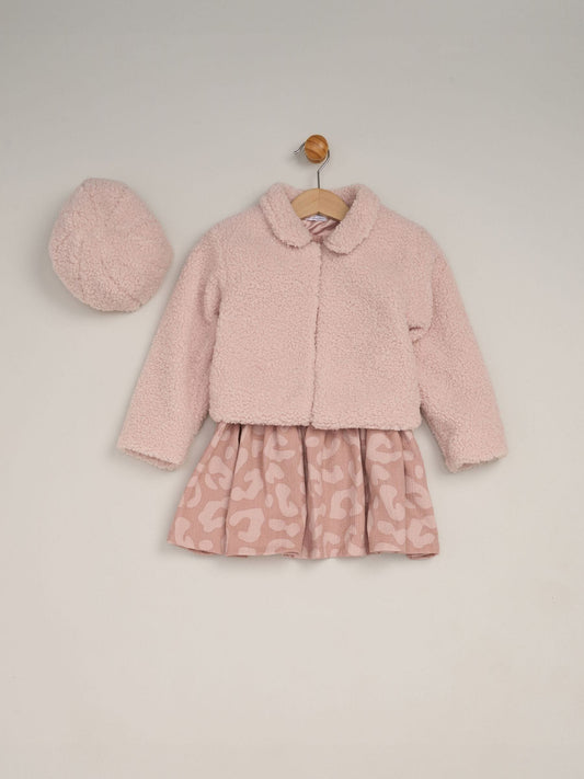 Miss Pink 3 Piece Faux Fur Jacket and Printed Dress Set with Beret - image 1