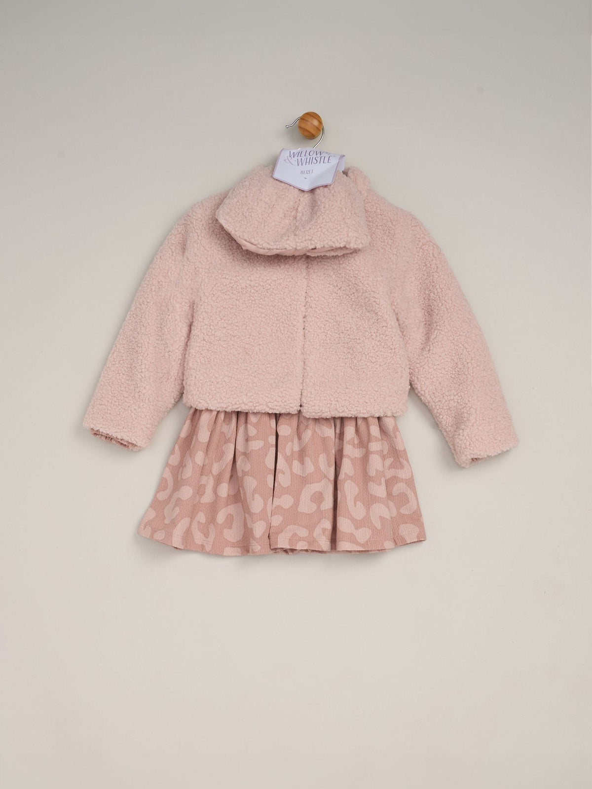 Miss Pink 3 Piece Faux Fur Jacket and Printed Dress Set with Beret - image 2