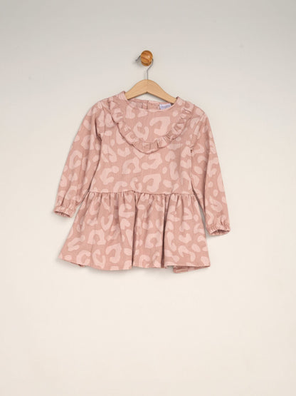 Miss Pink 3 Piece Faux Fur Jacket and Printed Dress Set with Beret - image 3