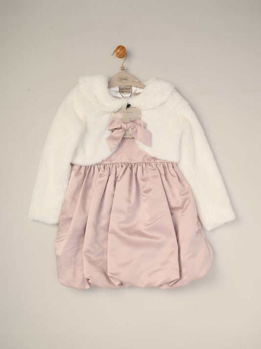 Miss Pink Bubble Hem Satin Dress Faux Fur Cardigan and Bow Clip Set - image 1