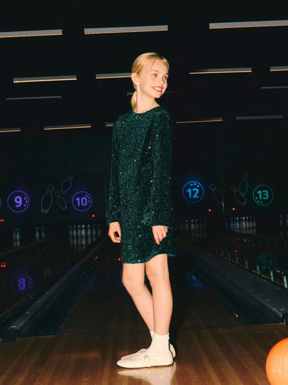 Name It Green Sequin Dress With Velvet Bow back Detail - image 2
