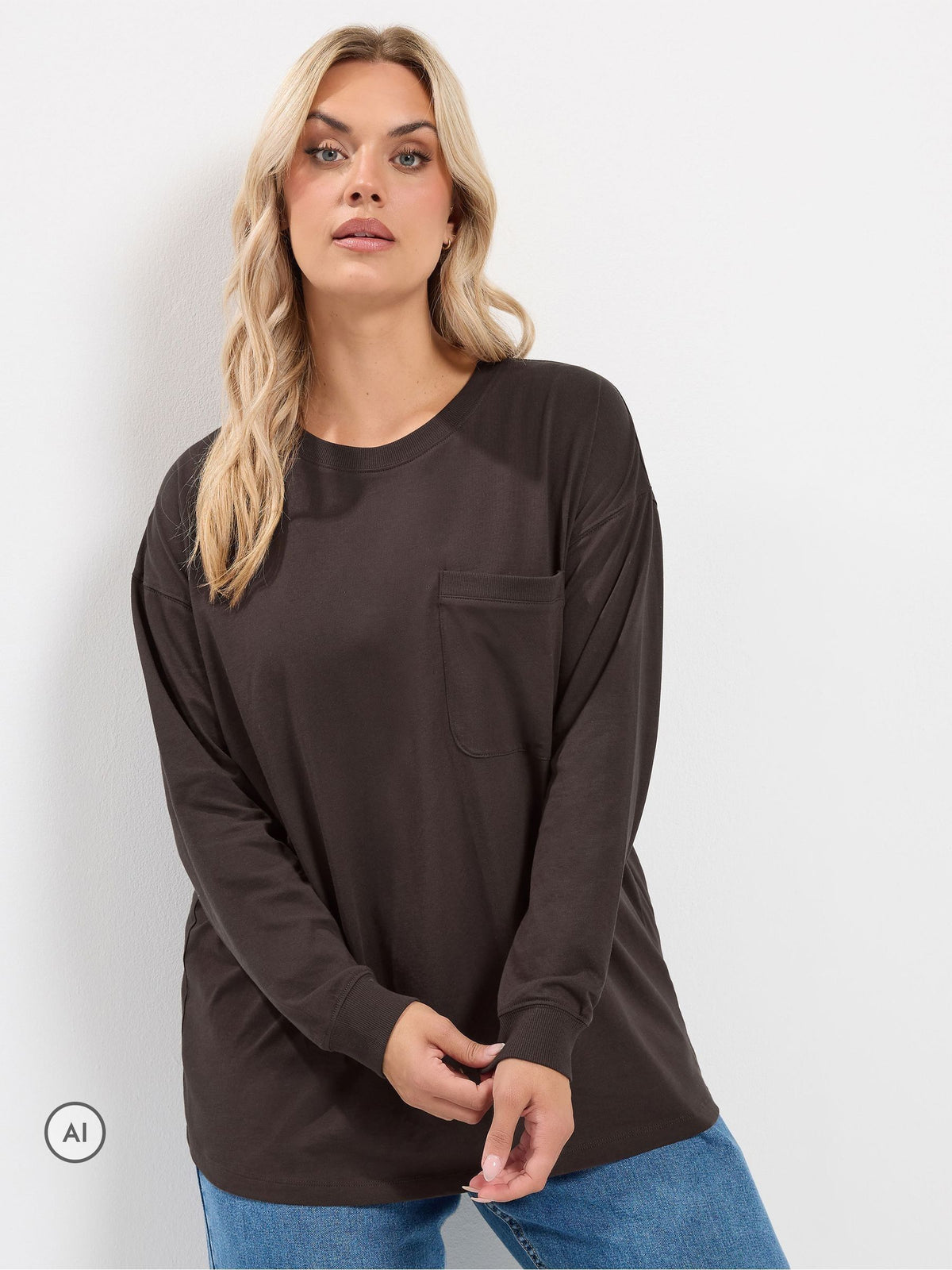 Yours Curve Brown Long Sleeve Pocket Top - image 1