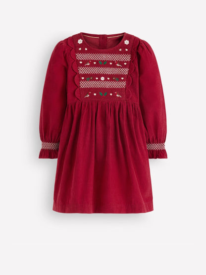 Boden Red Smocked Corduroy Sparkle Christmas Dress - image 1