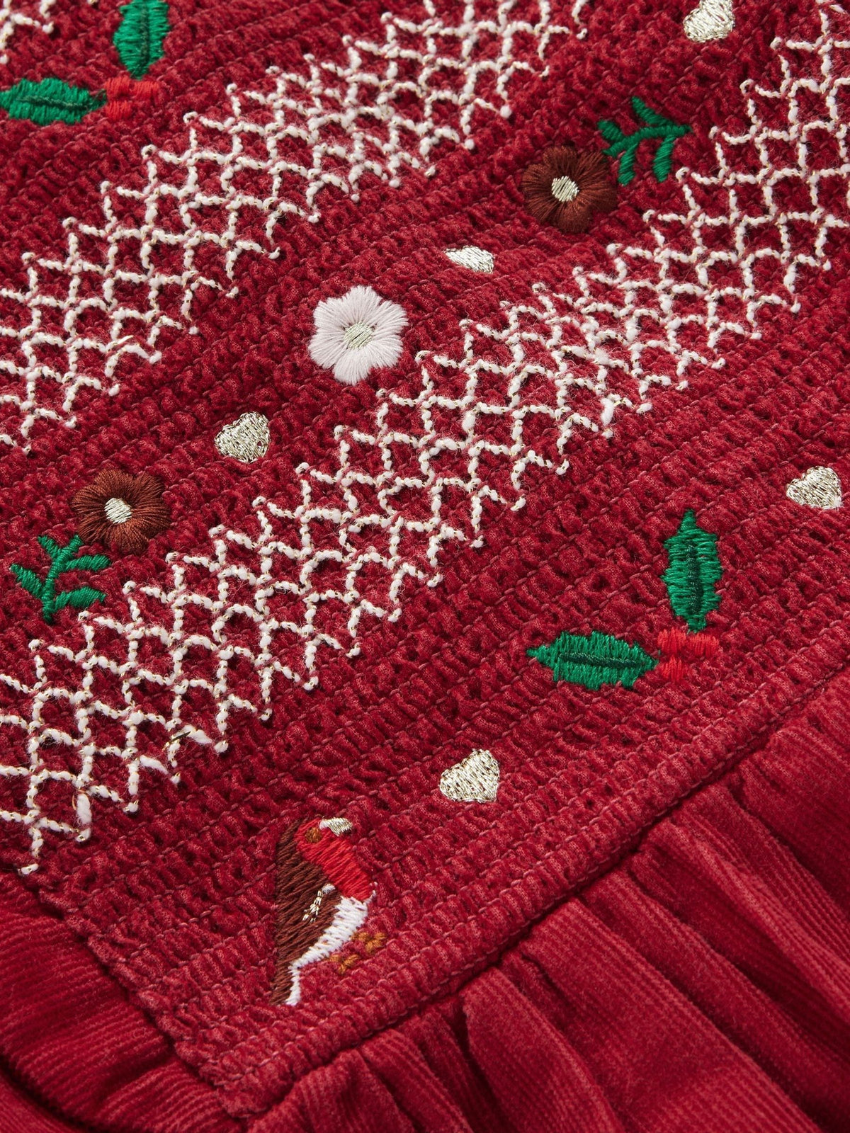 Boden Red Smocked Corduroy Sparkle Christmas Dress - image 3