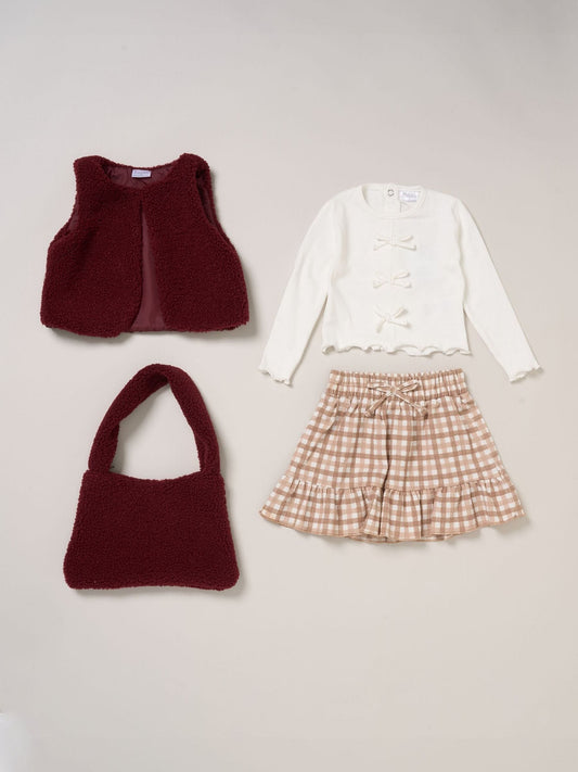 Miss Red Fur Gilet Top Skirt and Bag Outfit Set 3 Piece - image 1
