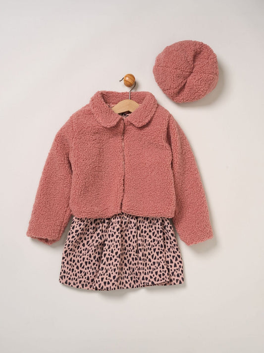 Miss Pink Faux Fur Jacket and Leopard Print Dress Set 3 Piece with Beret - image 1