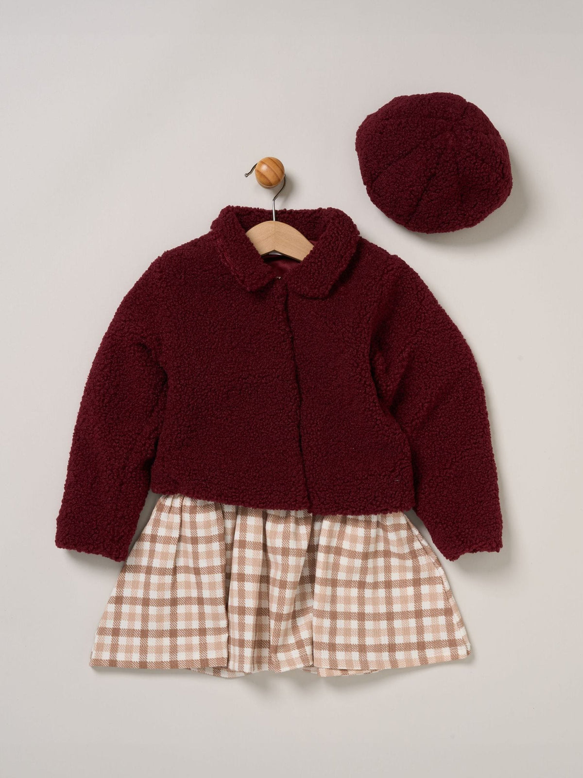 Miss Red Faux Fur Jacket and Check Dress Set 3 Piece with Beret - image 1