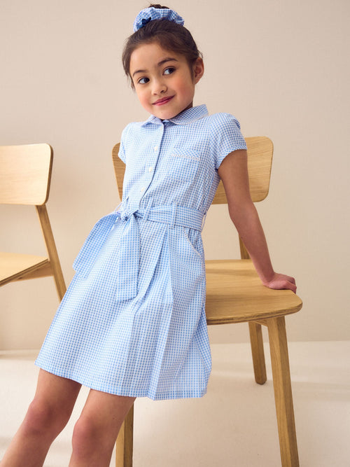 Dsiney Kidz - Blue Gingham Cotton Rich Belted School Dress with Scrunchie (3-14yrs) image 1