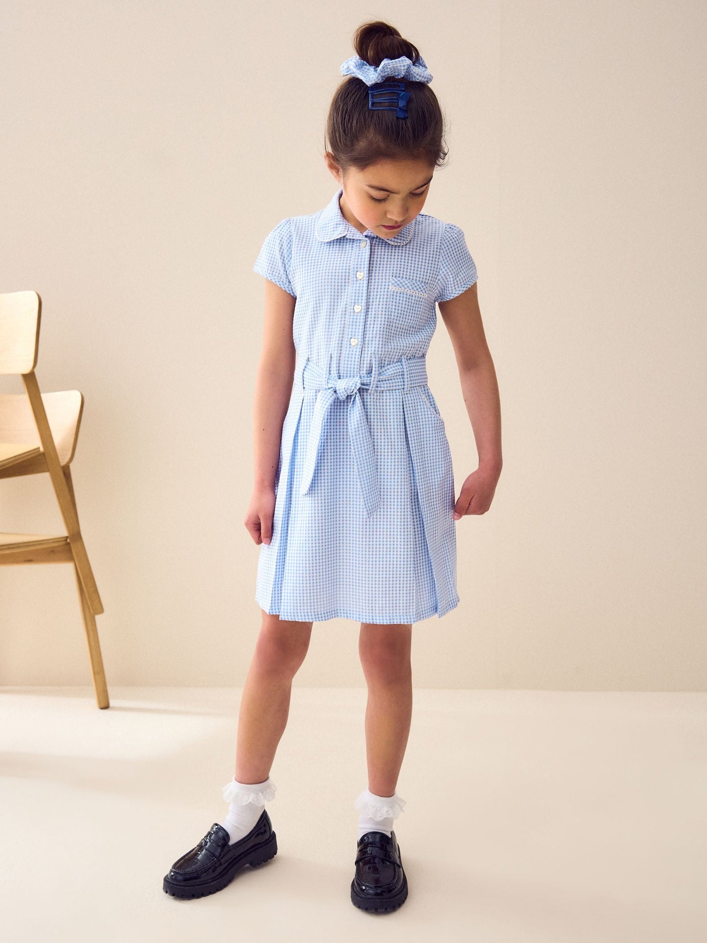 Blue Gingham Cotton Rich Belted School Dress with Scrunchie (3-14yrs) image 2