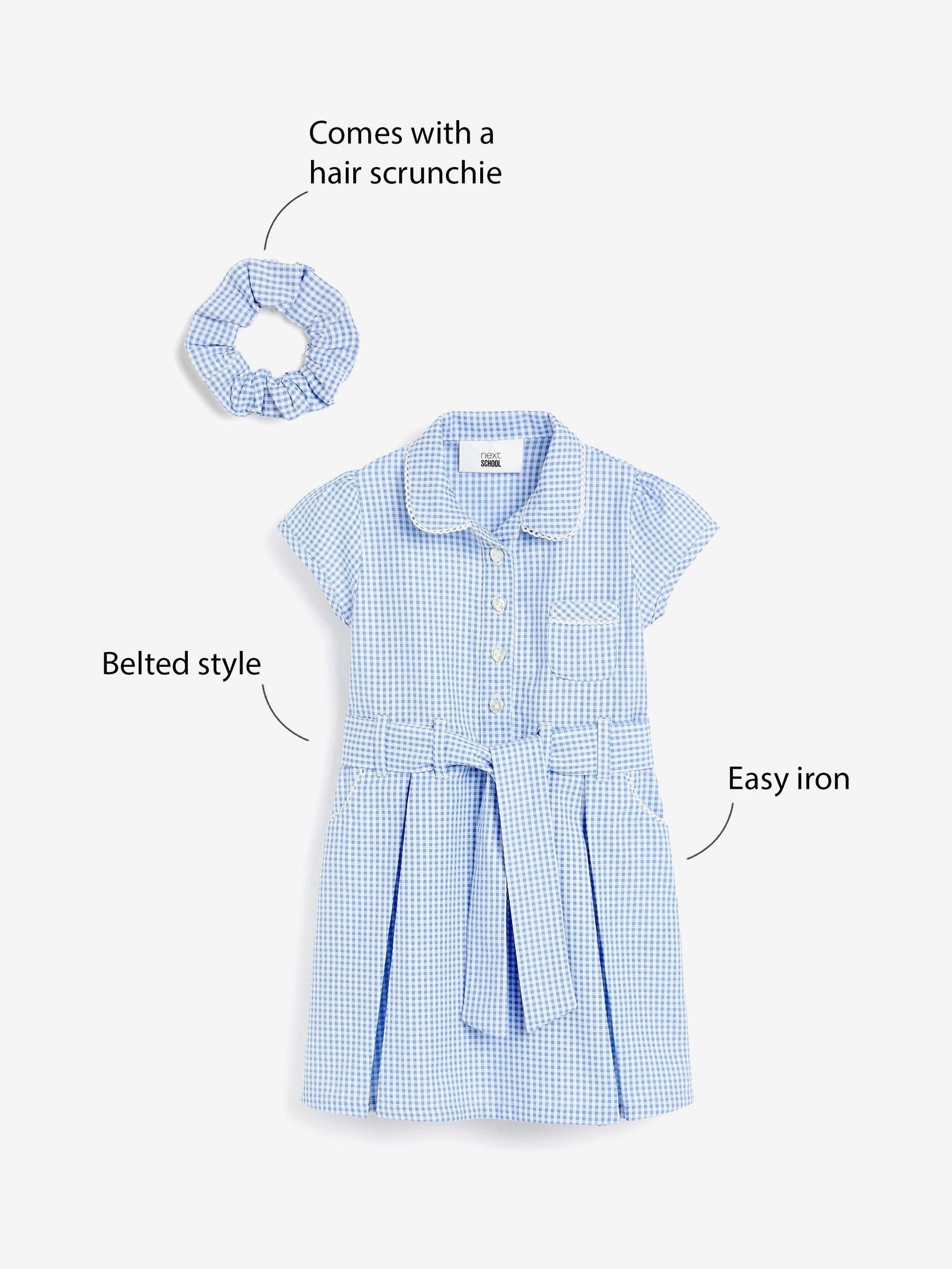 Blue Gingham Cotton Rich Belted School Dress with Scrunchie (3-14yrs) image 3