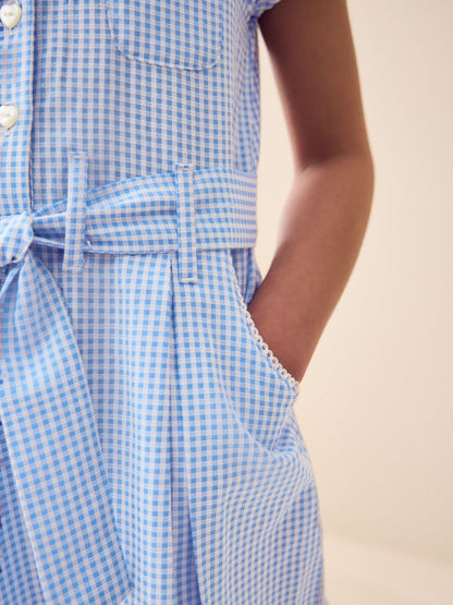 Blue Gingham Cotton Rich Belted School Dress with Scrunchie (3-14yrs) image 6