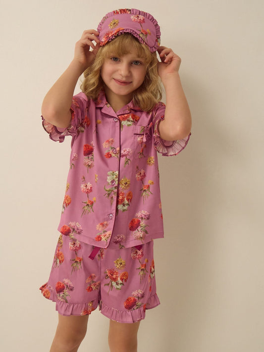 Monsoon Purple Floral Satin Short Pyjamas & Eye Mask Set - image 1