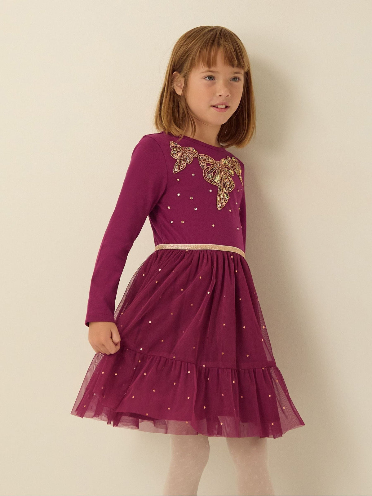 Monsoon Pink Bow Embellished Long Sleeve Disco Dress - image 1