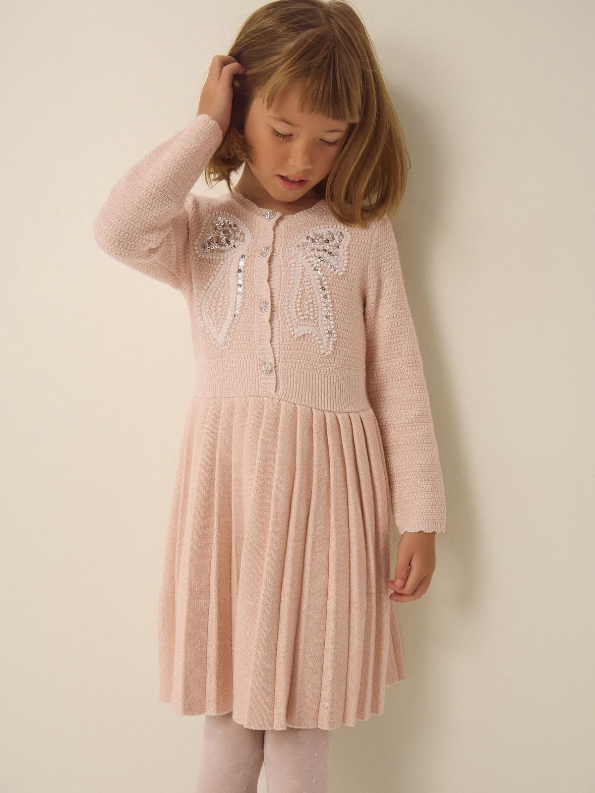 Monsoon Pink Bow Embellished Knitted Dress - image 1