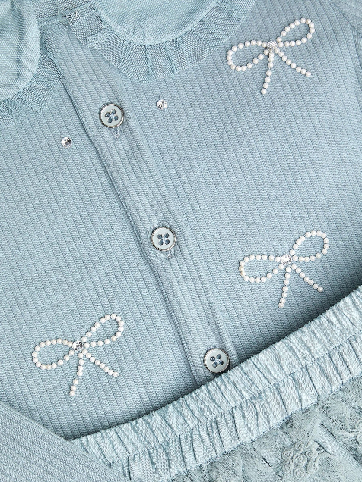 Monsoon Blue Pearl Bow Top & Appliqué Mesh Skirt Set - image 2