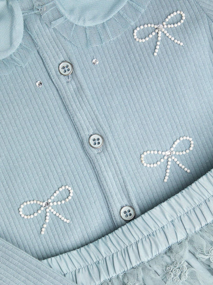Monsoon Blue Pearl Bow Top & Appliqué Mesh Skirt Set - image 2
