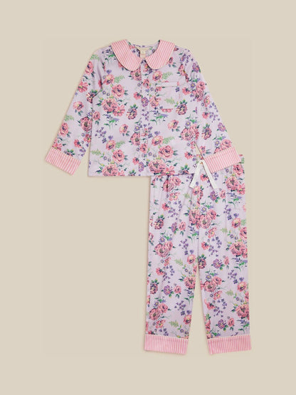 Monsoon Purple Floral Stripe Satin Long Pyjamas Set - image 1