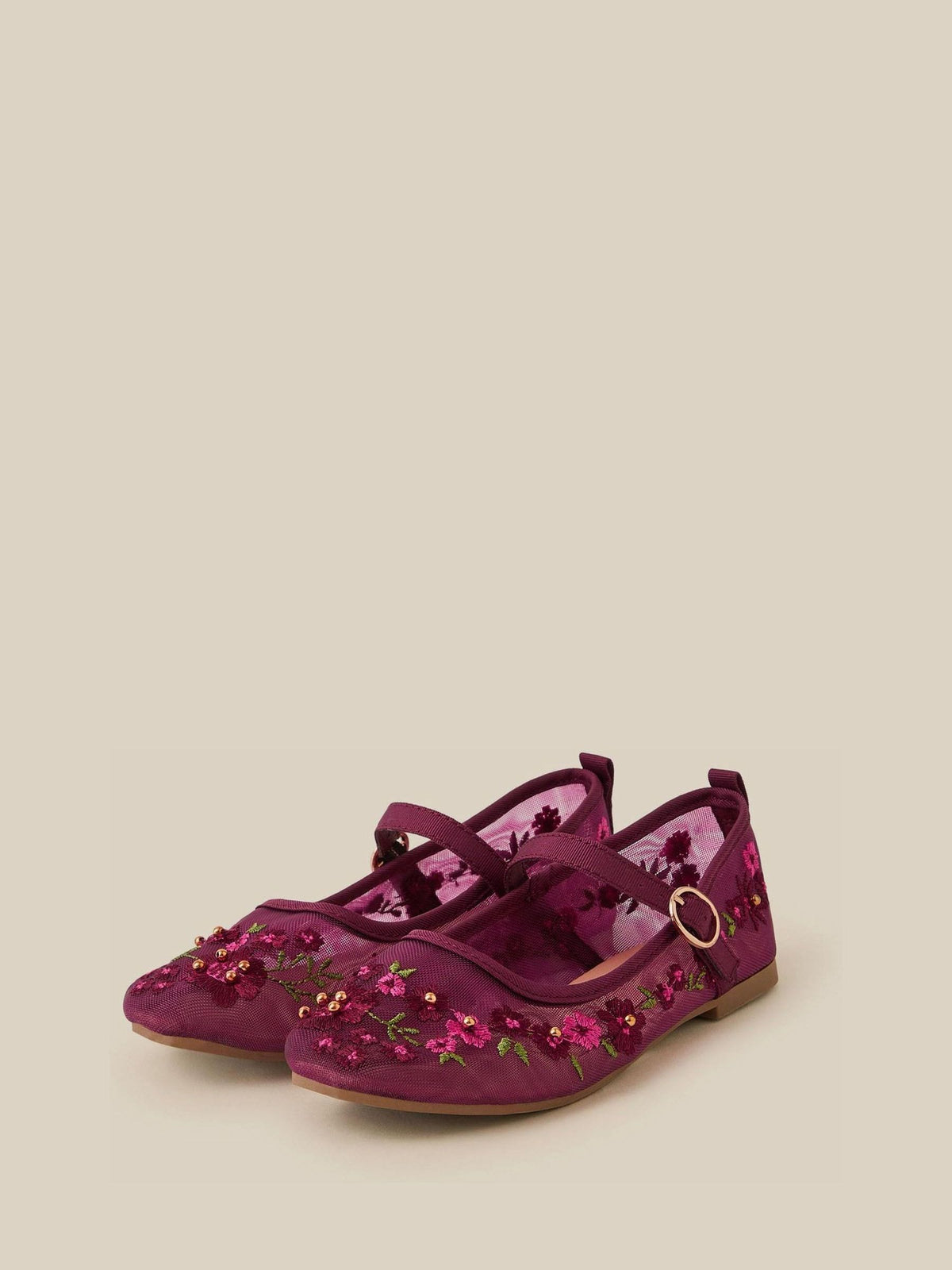 Monsoon Red Floral Embroidered Mesh Mary Jane Ballet Flats - image 1