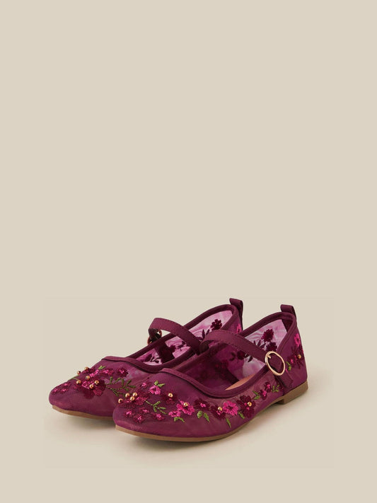 Monsoon Red Floral Embroidered Mesh Mary Jane Ballet Flats - image 1