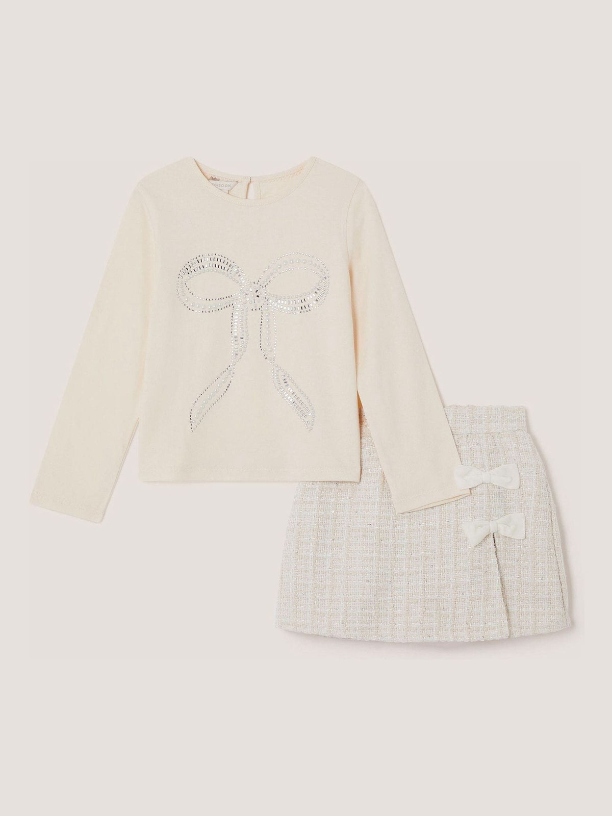 Monsoon Cream Embellished Bow Top & Tweed Skort Set - image 1