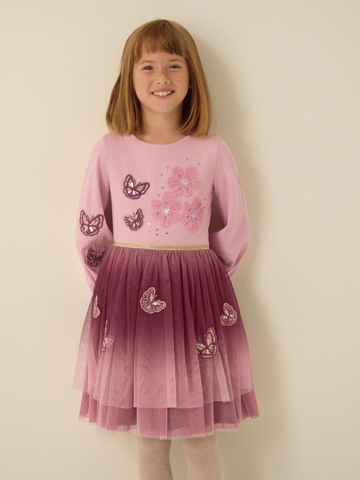 Monsoon Pink Butterfly Appliqué Ombré Mesh Disco Dress - image 1