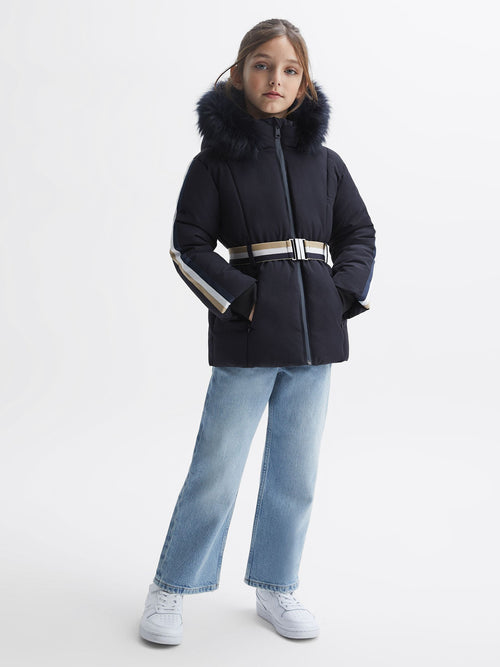 Reiss Navy Cara 9-12 yrs Quilted Fur Hooded Coat - image 1