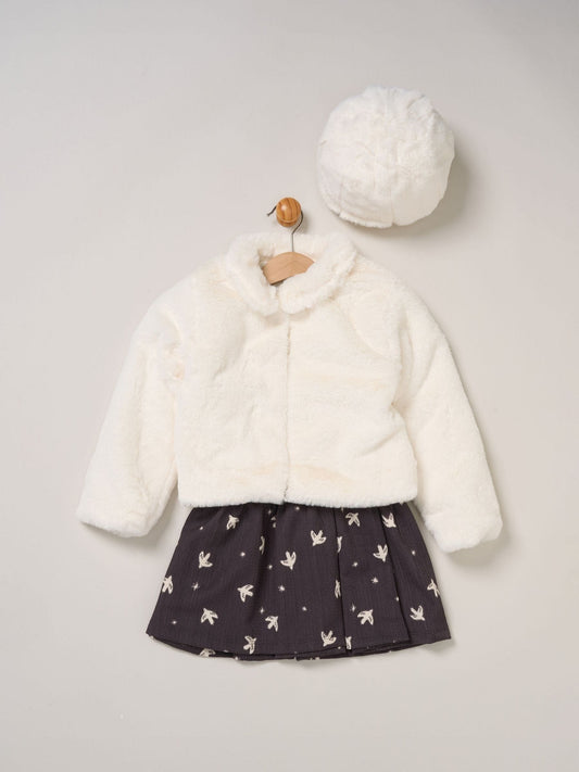 Miss White Faux Fur Jacket and Bird Print Dress Set 3 Piece with Beret - image 1