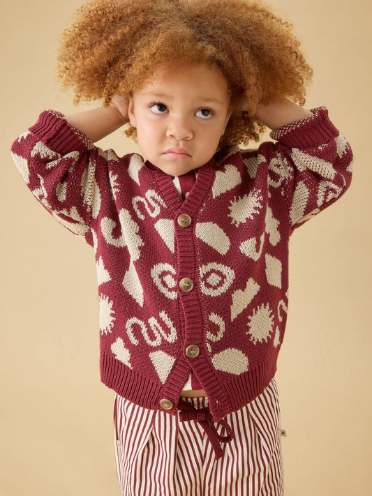 KIDLY by MORI Red Burgundy All Over Print Knitted Cardigan - image 1
