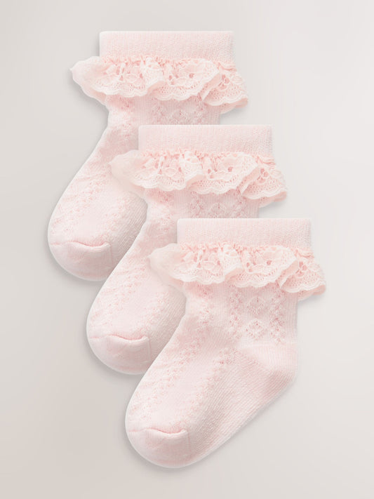 Pink Lace Baby Socks 3 Pack (0mths-2yrs) image 1
