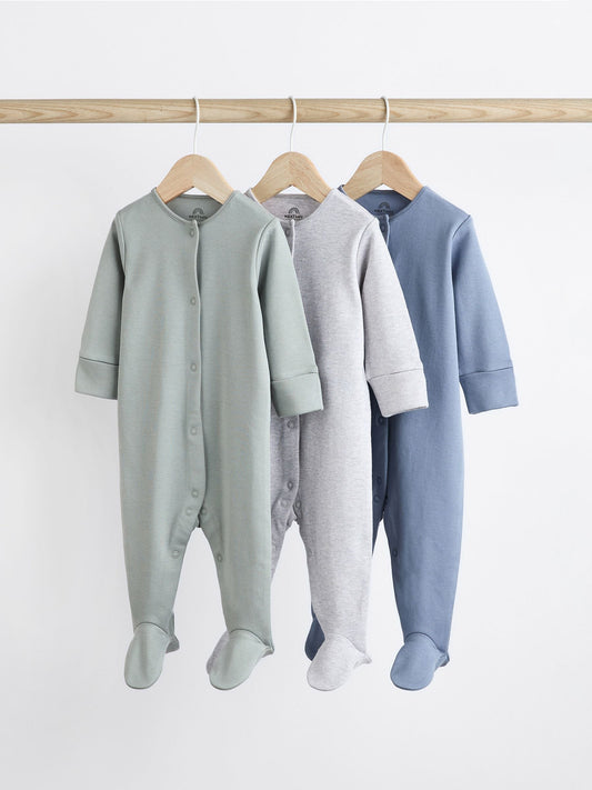 Grey/Blue 3 Pack Baby Sleepsuits (0-2yrs)