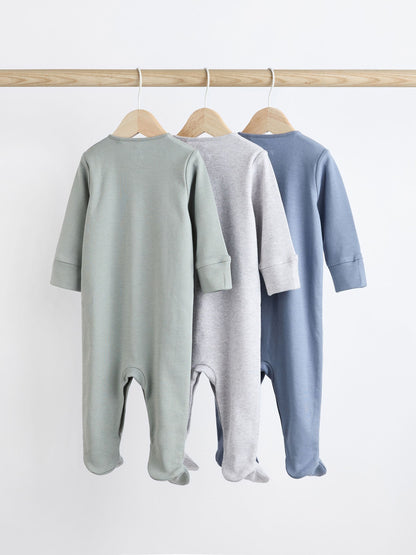 Grey/Blue 3 Pack Baby Sleepsuits (0-2yrs)