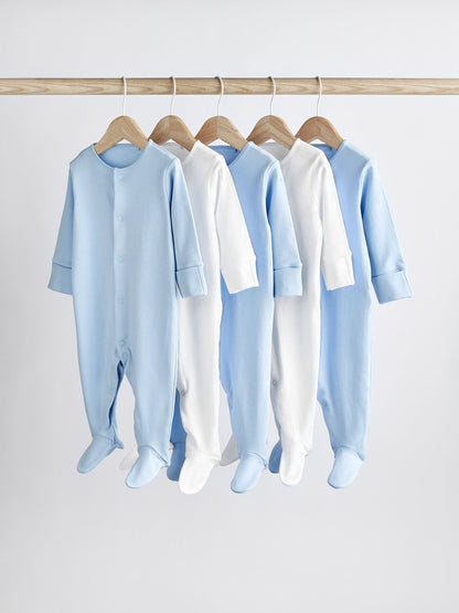 Blue/White 5 Pack Baby Sleepsuits (0-2yrs)