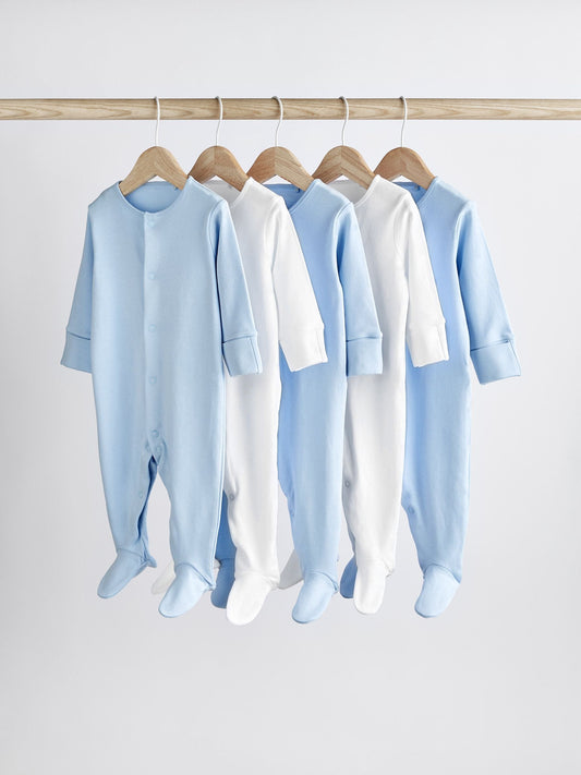 Blue/White 5 Pack Baby Sleepsuits (0-2yrs)