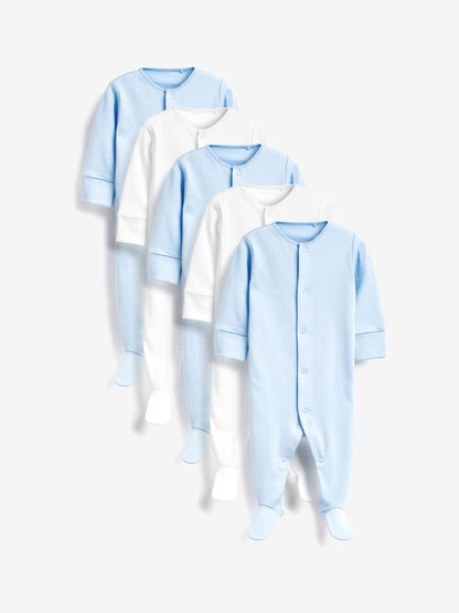 Blue/White 5 Pack Baby Sleepsuits (0-2yrs)